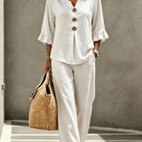 Women's Two Piece Pants Set with Ruffle Sleeve Button Front Top and Wide Leg Pants