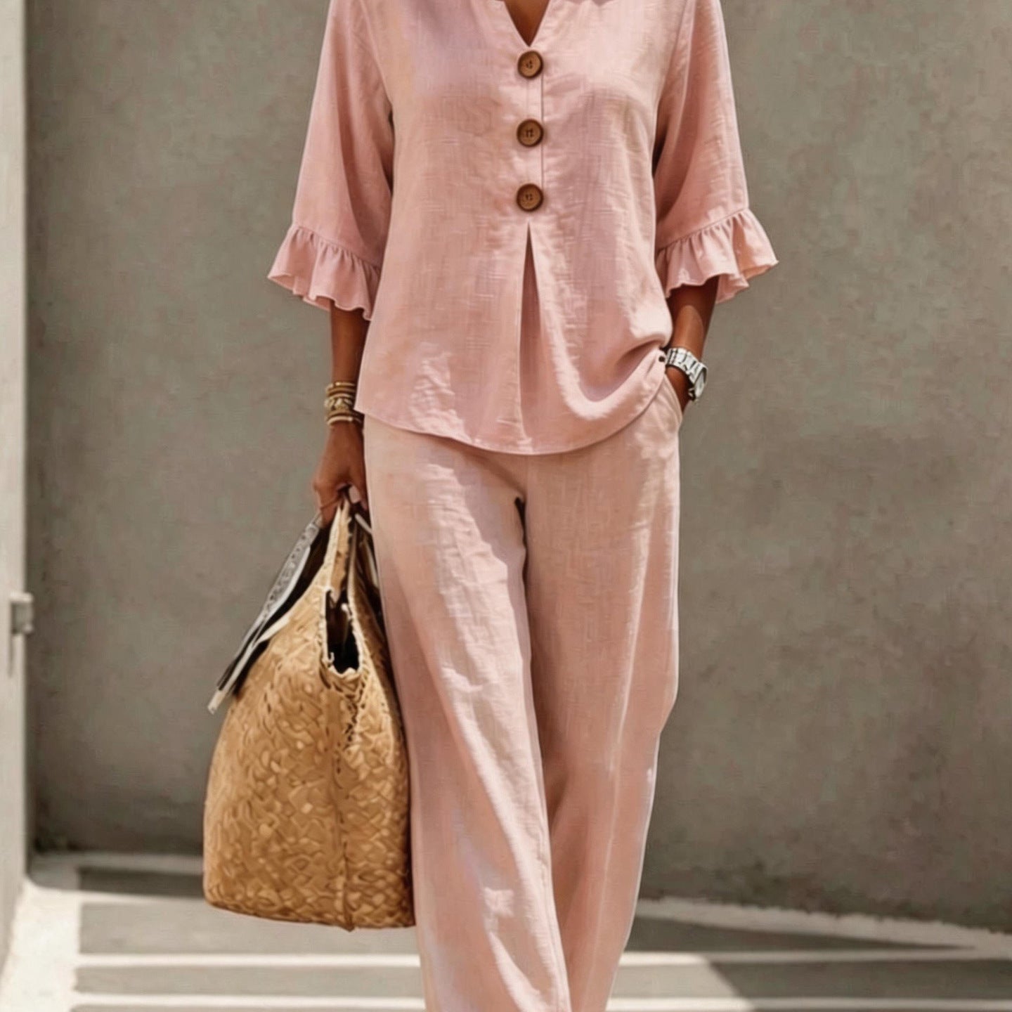 Women's Two Piece Pants Set with Ruffle Sleeve Button Front Top and Wide Leg Pants