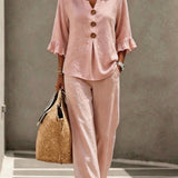 Women's Two Piece Pants Set with Ruffle Sleeve Button Front Top and Wide Leg Pants