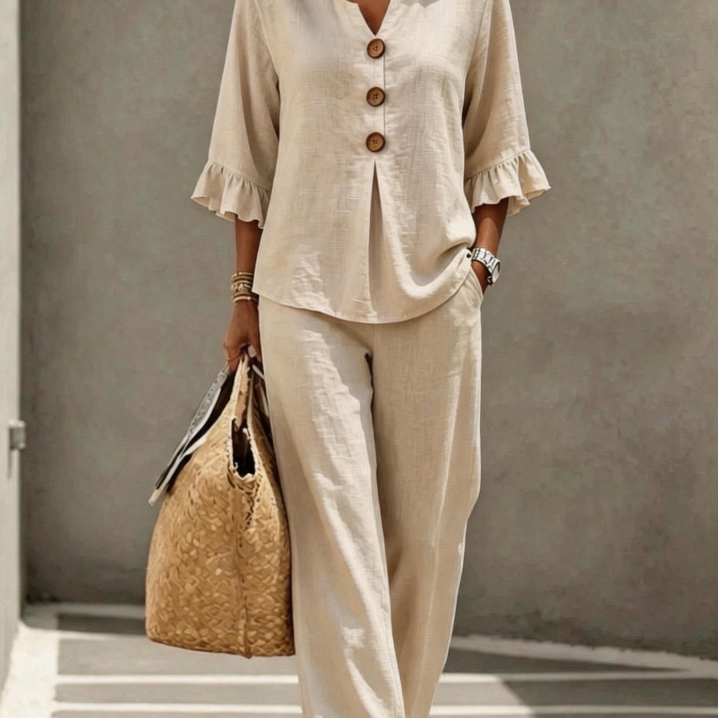 Women's Two Piece Pants Set with Ruffle Sleeve Button Front Top and Wide Leg Pants
