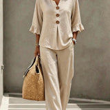 Women's Two Piece Pants Set with Ruffle Sleeve Button Front Top and Wide Leg Pants