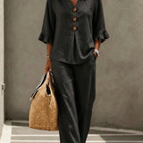 Women's Two Piece Pants Set with Ruffle Sleeve Button Front Top and Wide Leg Pants