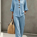 Women's Two Piece Pants Set with Ruffle Sleeve Button Front Top and Wide Leg Pants