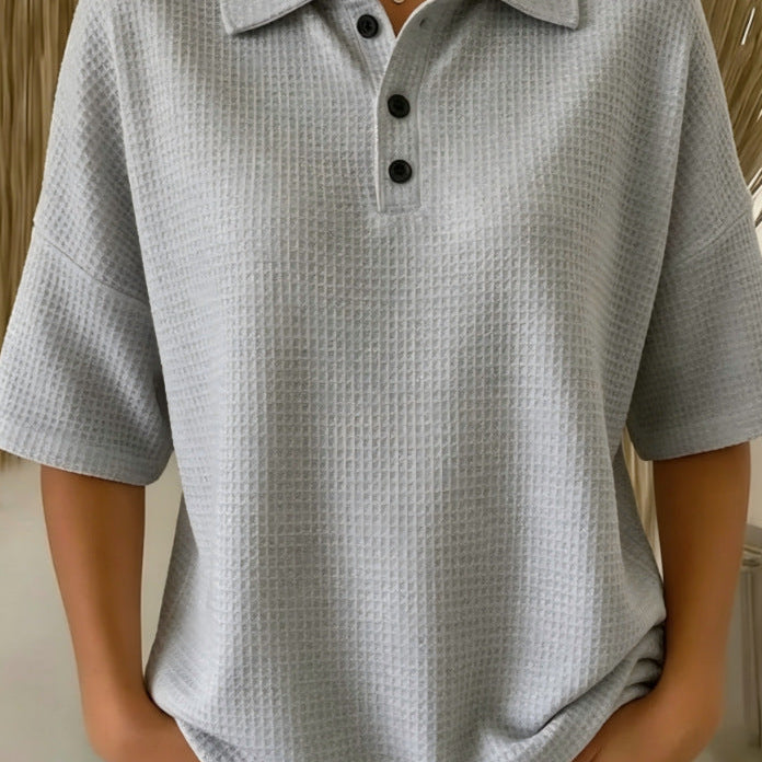 Women's Tops with Polo Collar Three Button Neckline and Waffle Texture