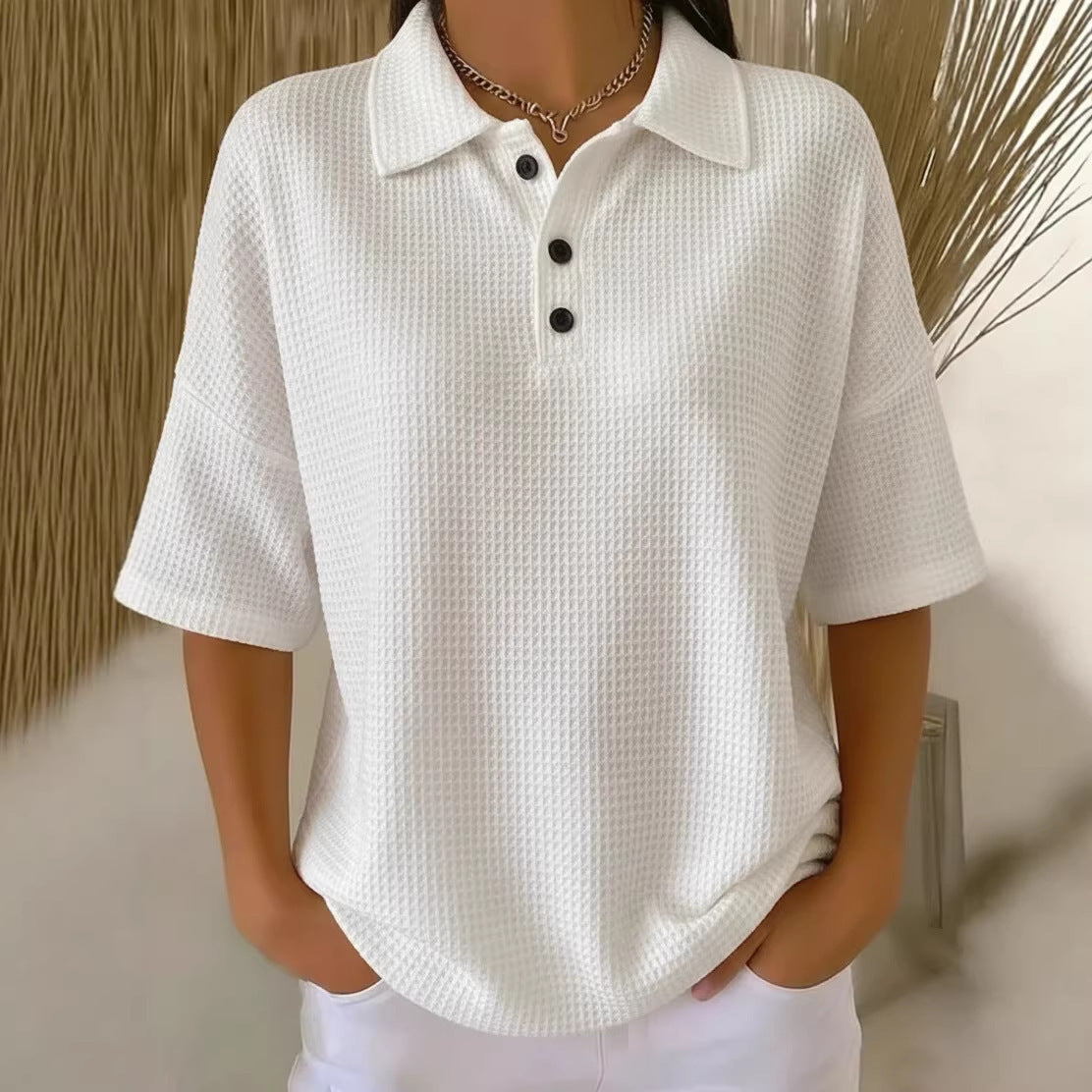 Women's Tops with Polo Collar Three Button Neckline and Waffle Texture