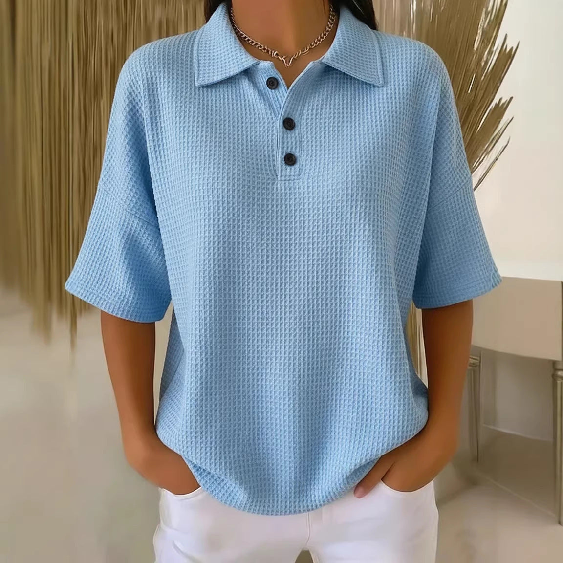 Women's Tops with Polo Collar Three Button Neckline and Waffle Texture