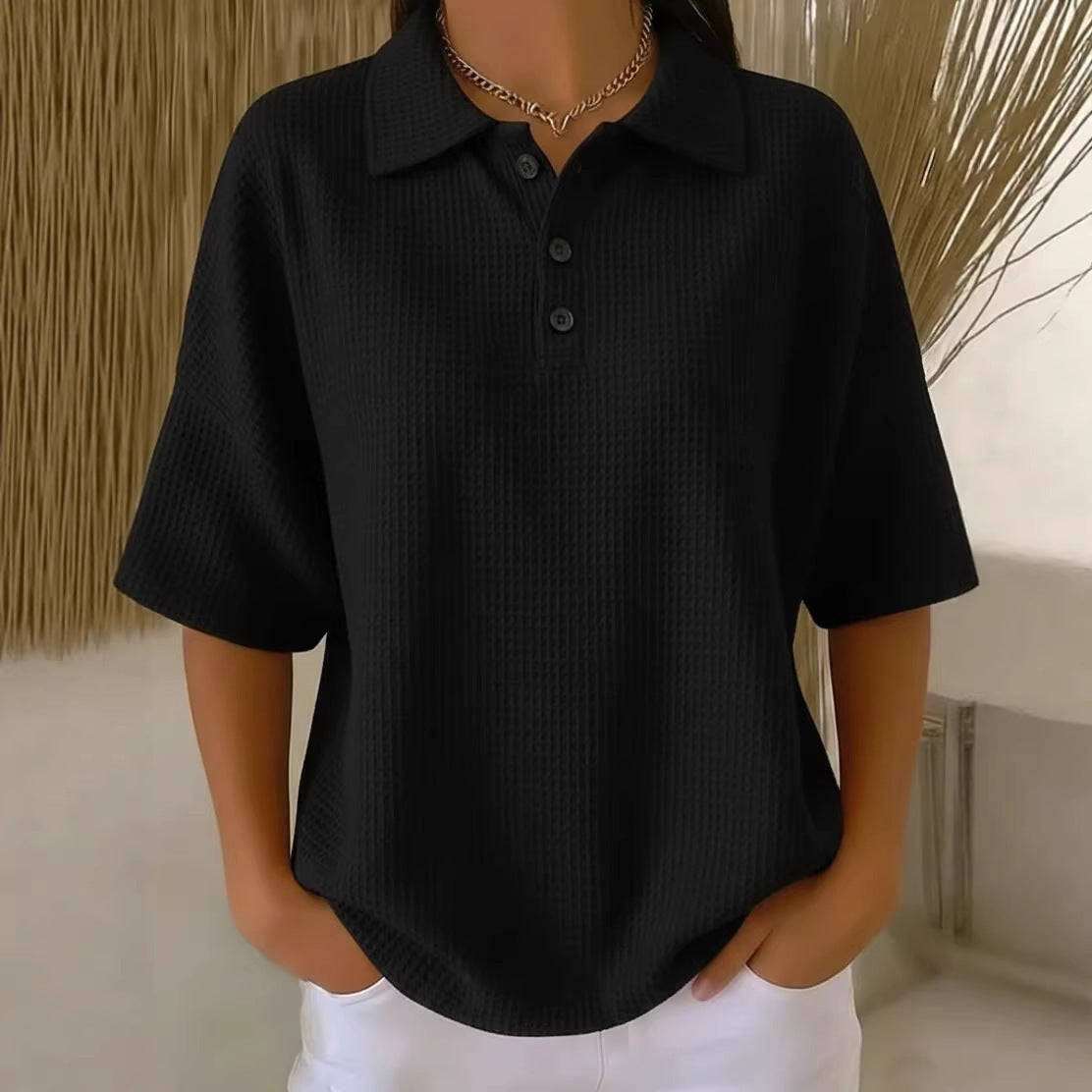 Women's Tops with Polo Collar Three Button Neckline and Waffle Texture