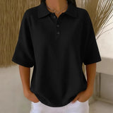 Women's Tops with Polo Collar Three Button Neckline and Waffle Texture