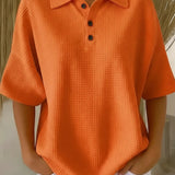 Women's Tops with Polo Collar Three Button Neckline and Waffle Texture