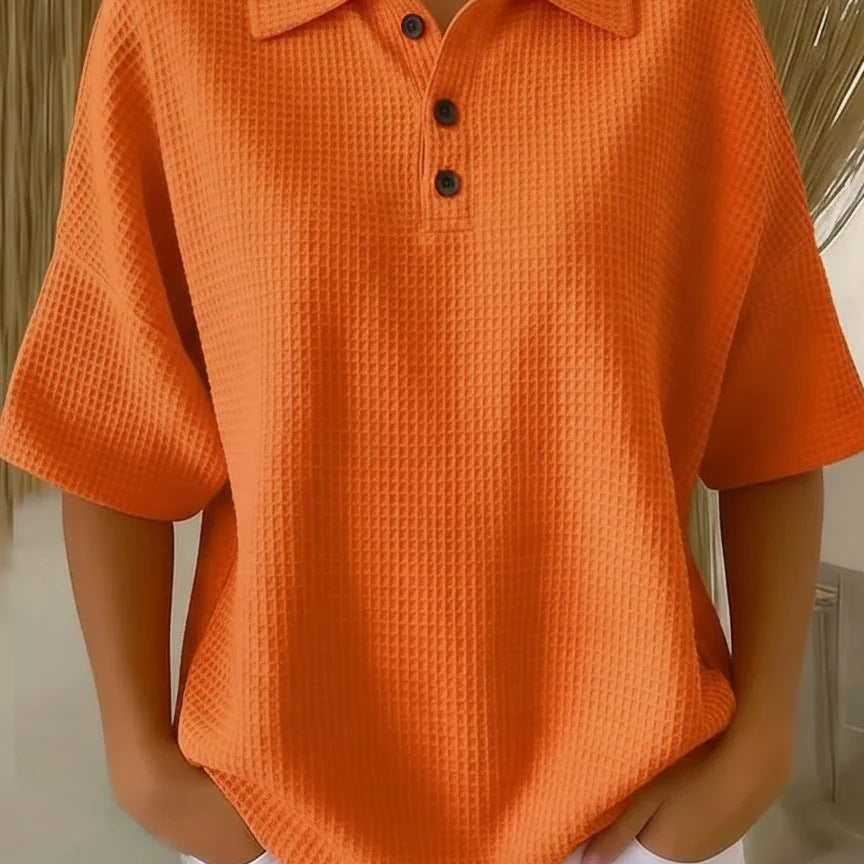 Women's Tops with Polo Collar Three Button Neckline and Waffle Texture