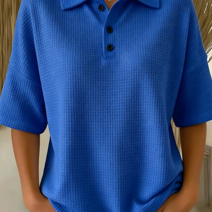 Women's Tops with Polo Collar Three Button Neckline and Waffle Texture