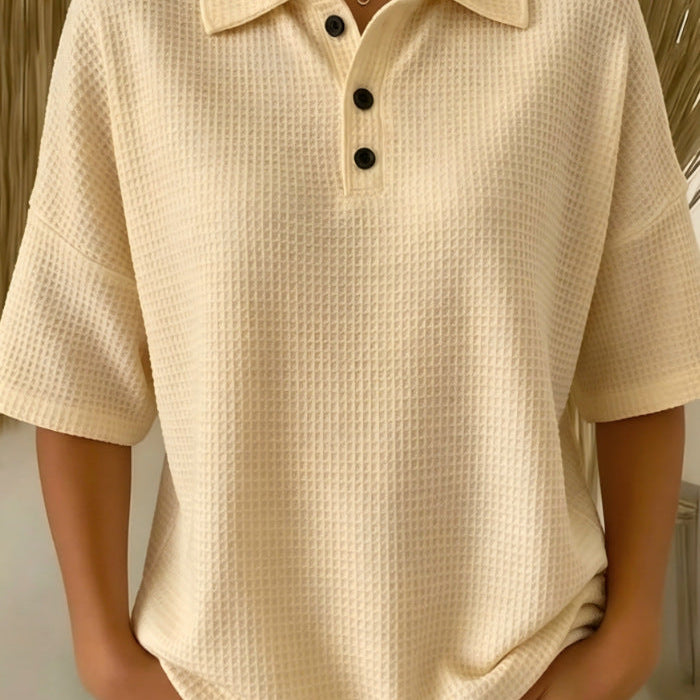 Women's Tops with Polo Collar Three Button Neckline and Waffle Texture