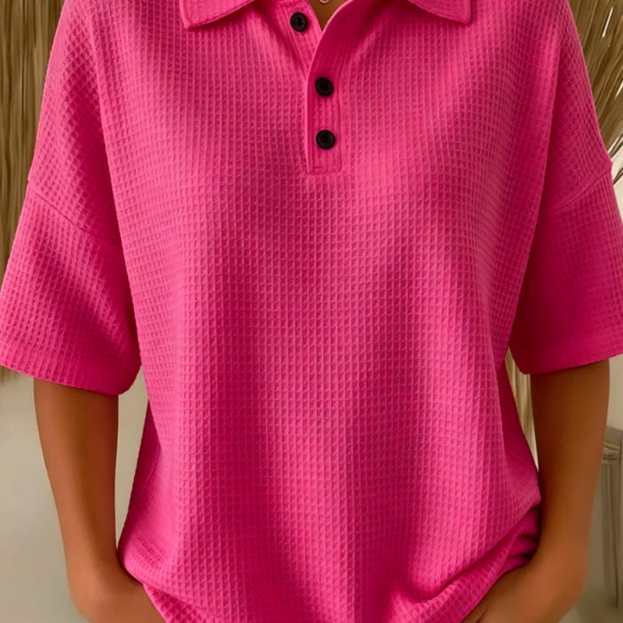 Women's Tops with Polo Collar Three Button Neckline and Waffle Texture