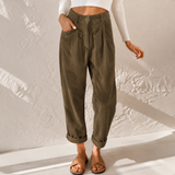 Women's High Waisted Corduroy Pants with Pleated Front and Tapered Legs