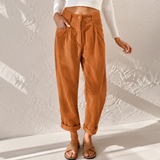 Women's High Waisted Corduroy Pants with Pleated Front and Tapered Legs