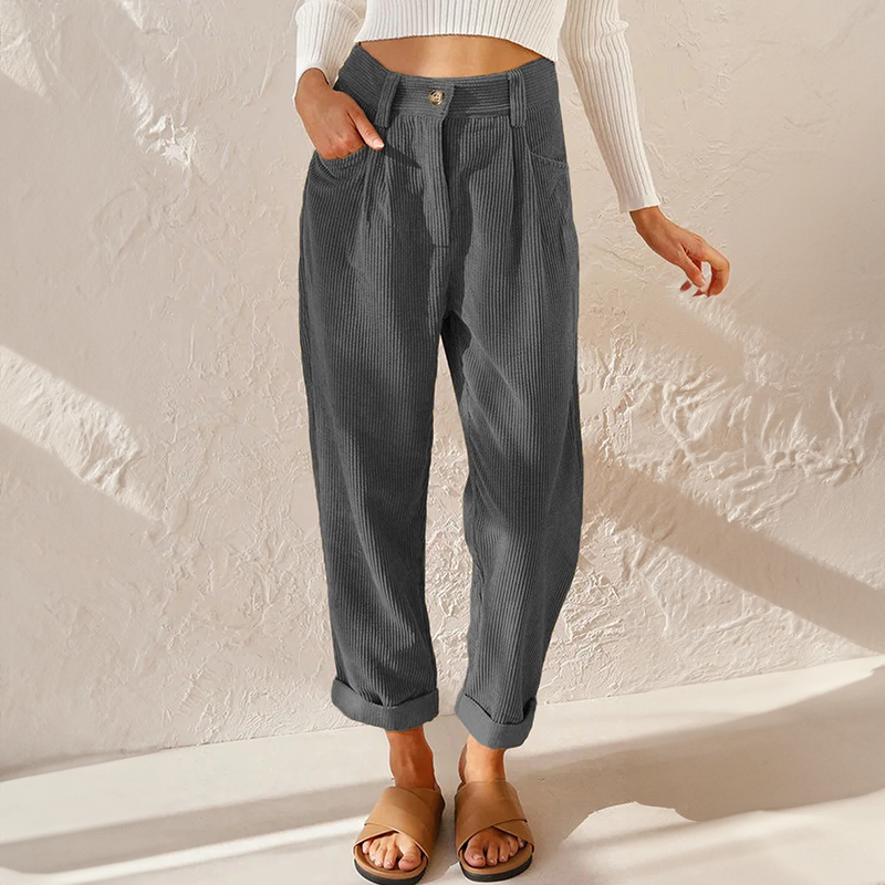 Women's High Waisted Corduroy Pants with Pleated Front and Tapered Legs