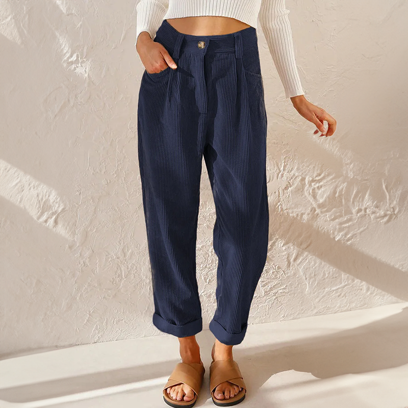 Women's High Waisted Corduroy Pants with Pleated Front and Tapered Legs