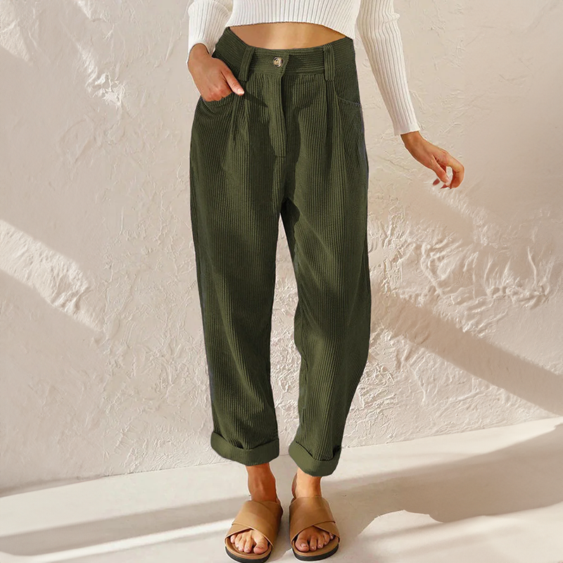 Women's High Waisted Corduroy Pants with Pleated Front and Tapered Legs