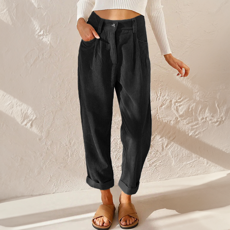 Women's High Waisted Corduroy Pants with Pleated Front and Tapered Legs