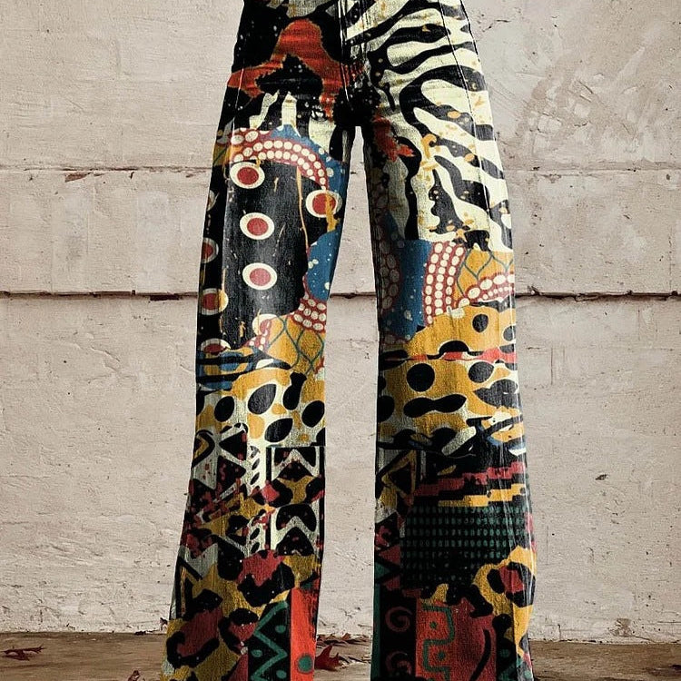Women's Wide Leg Jeans with High Waist Daisy Floral Print and Five Pocket Design