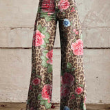 Women's Wide Leg Jeans with High Waist Daisy Floral Print and Five Pocket Design