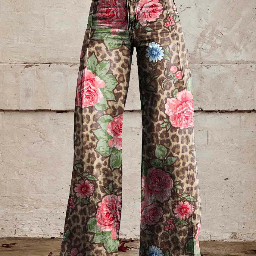 Women's Wide Leg Jeans with High Waist Daisy Floral Print and Five Pocket Design