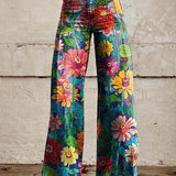 Women's Wide Leg Jeans with High Waist Daisy Floral Print and Five Pocket Design