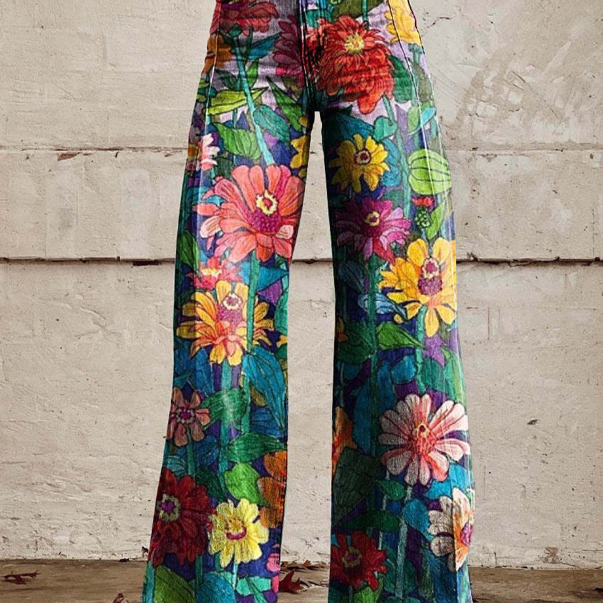 Women's Wide Leg Jeans with High Waist Daisy Floral Print and Five Pocket Design