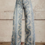 Women's Wide Leg Jeans with High Waist Daisy Floral Print and Five Pocket Design