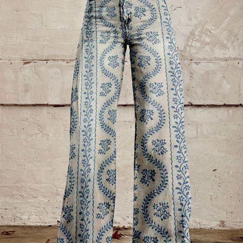Women's Wide Leg Jeans with High Waist Daisy Floral Print and Five Pocket Design