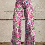 Women's Wide Leg Jeans with High Waist Daisy Floral Print and Five Pocket Design