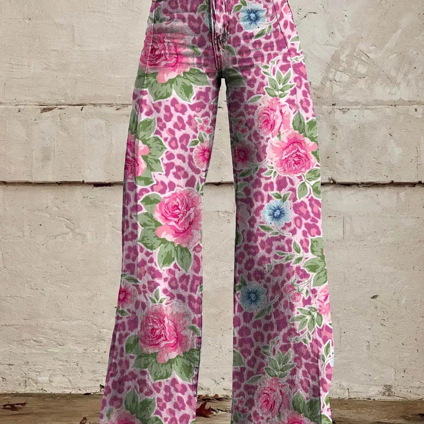 Women's Wide Leg Jeans with High Waist Daisy Floral Print and Five Pocket Design