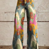 Women's Wide Leg Jeans with High Waist Daisy Floral Print and Five Pocket Design