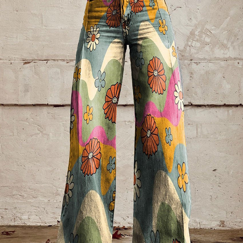 Women's Wide Leg Jeans with High Waist Daisy Floral Print and Five Pocket Design