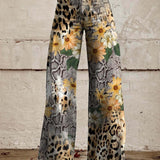 Women's Wide Leg Jeans with High Waist Daisy Floral Print and Five Pocket Design