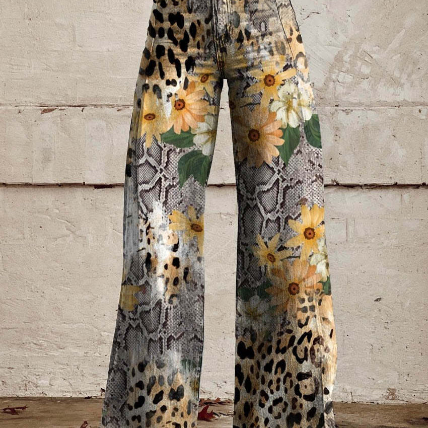 Women's Wide Leg Jeans with High Waist Daisy Floral Print and Five Pocket Design