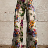 Women's Wide Leg Jeans with High Waist Daisy Floral Print and Five Pocket Design