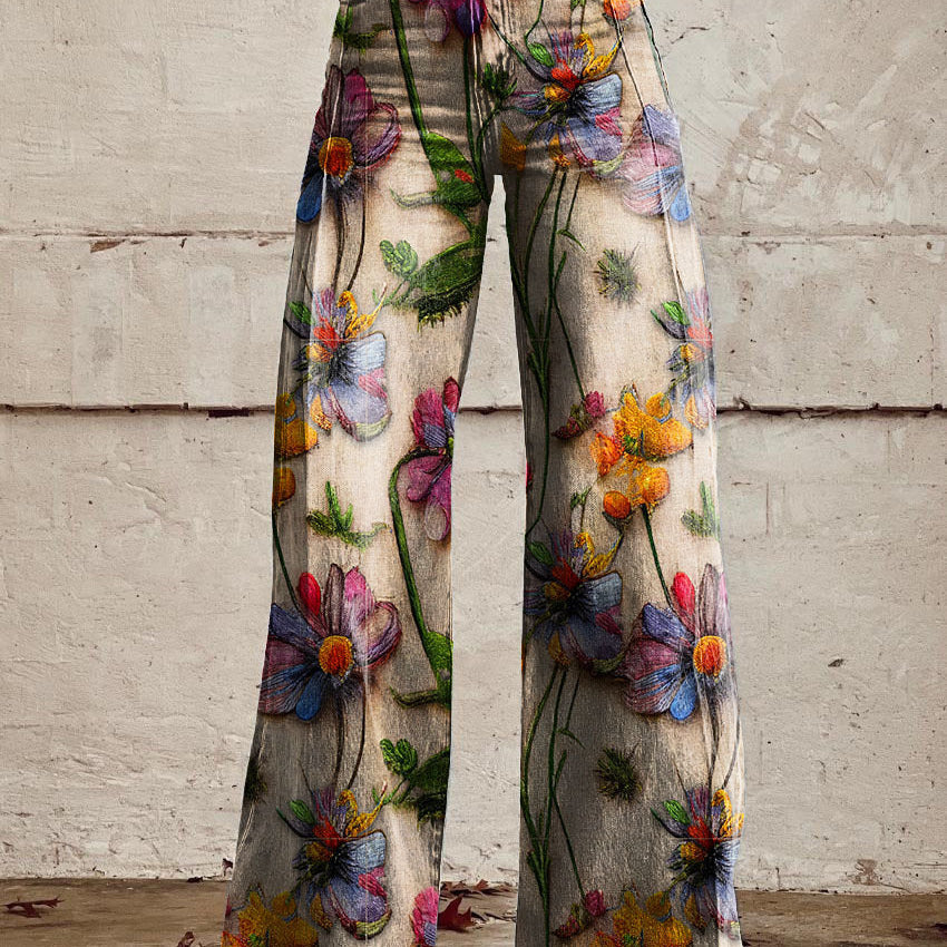 Women's Wide Leg Jeans with High Waist Daisy Floral Print and Five Pocket Design