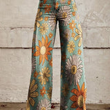 Women's Wide Leg Jeans with High Waist Daisy Floral Print and Five Pocket Design