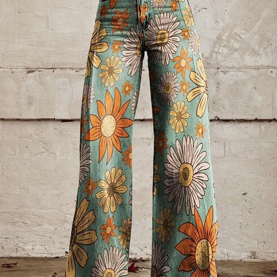Women's Wide Leg Jeans with High Waist Daisy Floral Print and Five Pocket Design