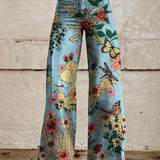 Women's Wide Leg Jeans with High Waist Daisy Floral Print and Five Pocket Design