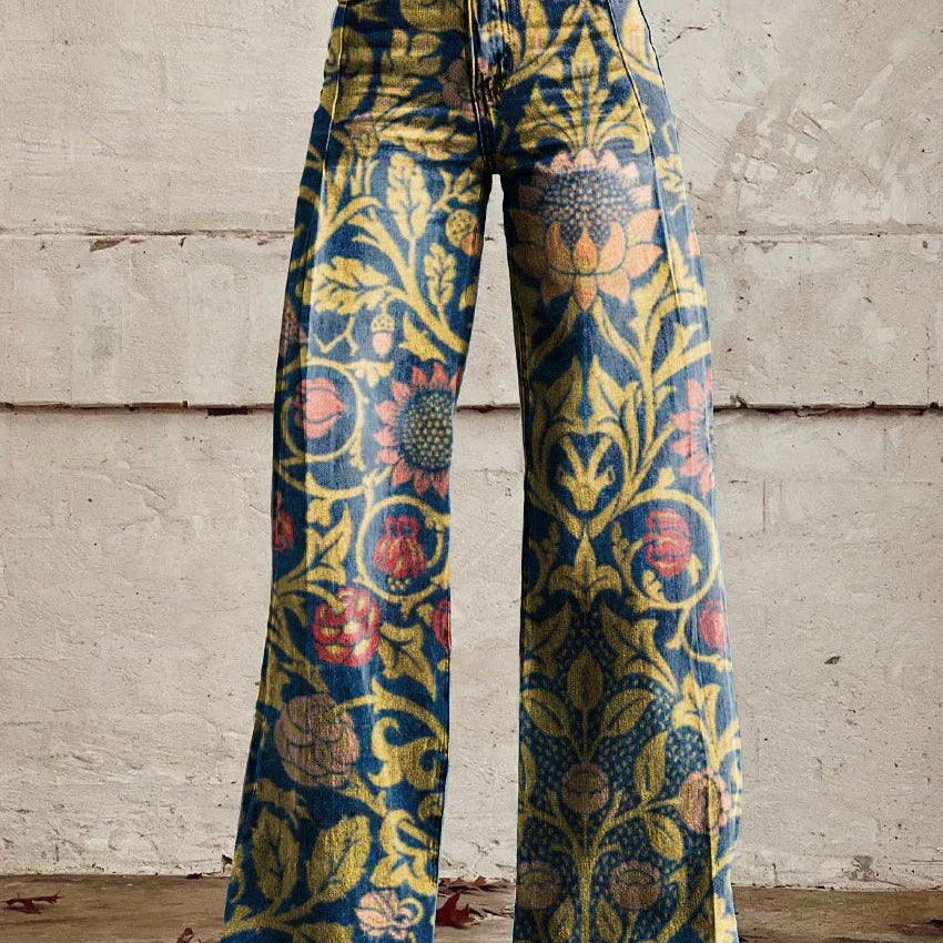 Women's Wide Leg Jeans with High Waist Daisy Floral Print and Five Pocket Design