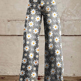 Women's Wide Leg Jeans with High Waist Daisy Floral Print and Five Pocket Design