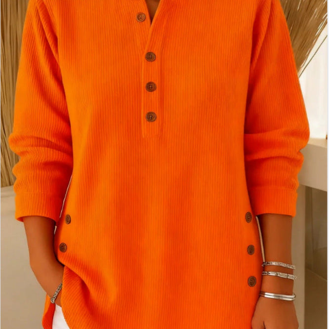Women's Knit Sweater with Henley Neck Button Front Ribbed Texture and Curved Hem