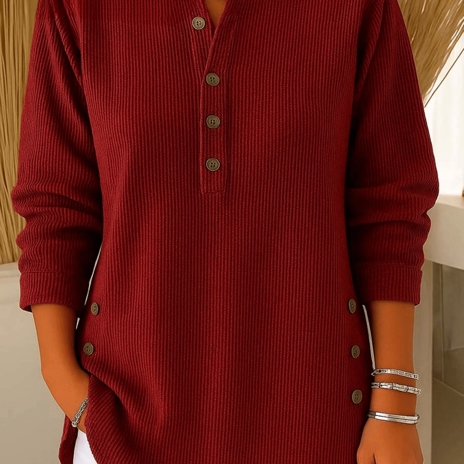 Women's Knit Sweater with Henley Neck Button Front Ribbed Texture and Curved Hem