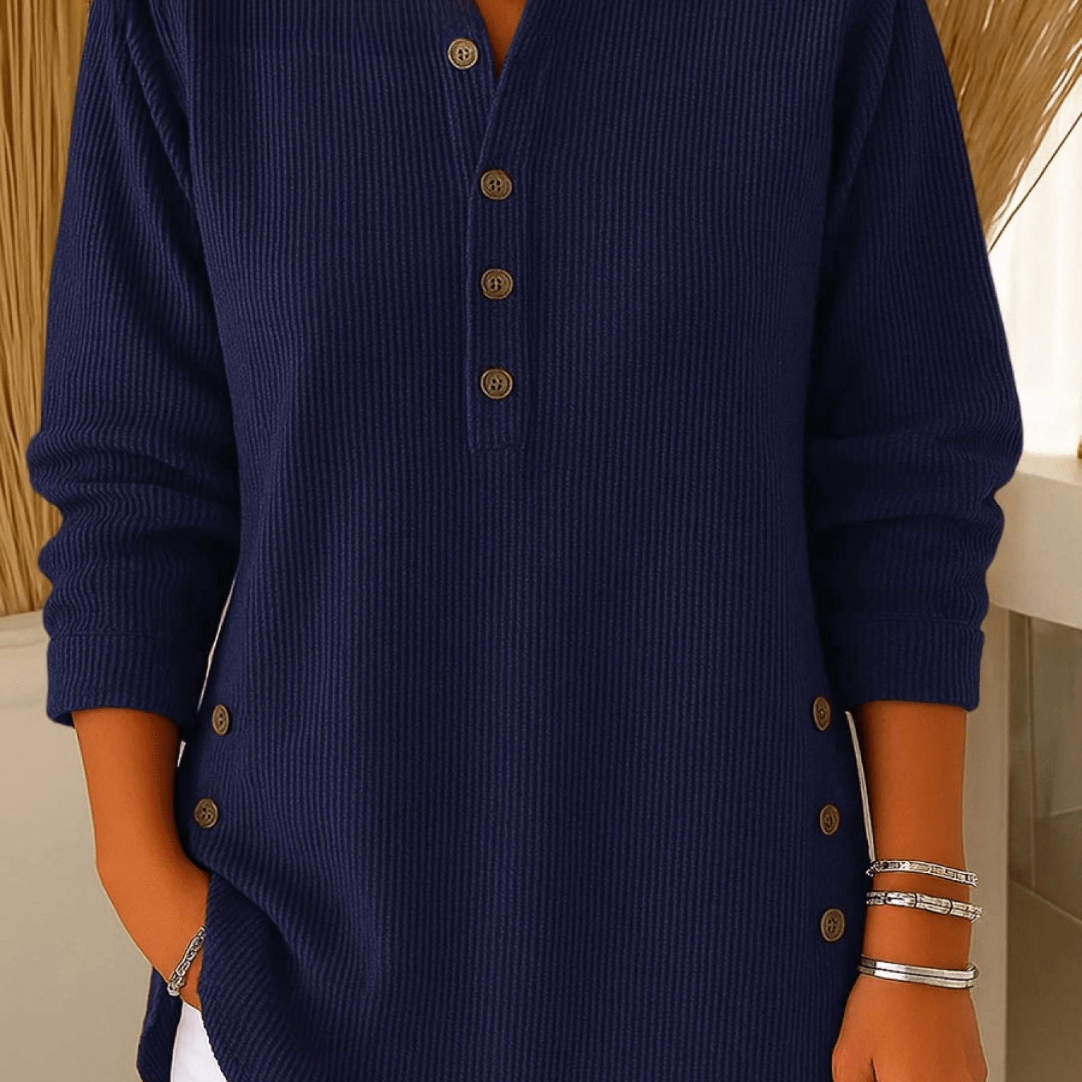 Women's Knit Sweater with Henley Neck Button Front Ribbed Texture and Curved Hem