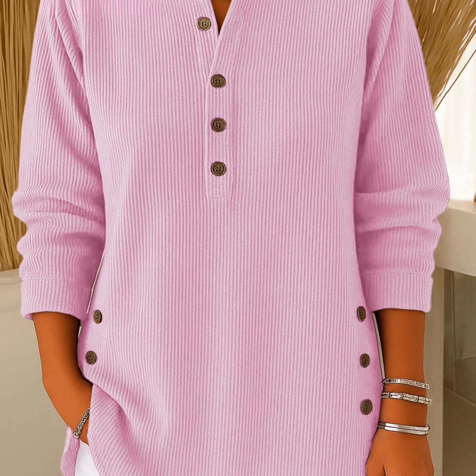 Women's Knit Sweater with Henley Neck Button Front Ribbed Texture and Curved Hem