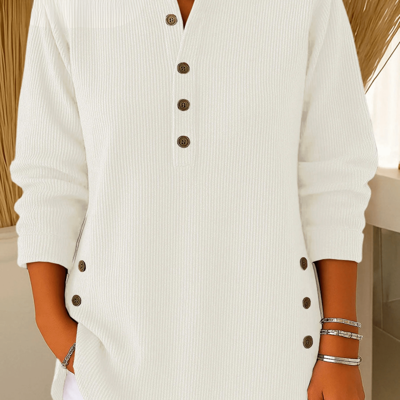 Women's Knit Sweater with Henley Neck Button Front Ribbed Texture and Curved Hem