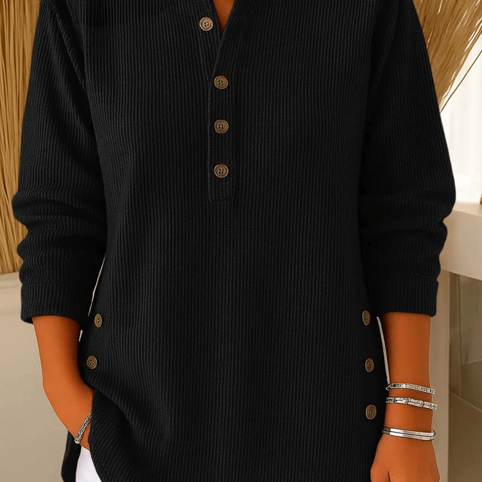 Women's Knit Sweater with Henley Neck Button Front Ribbed Texture and Curved Hem