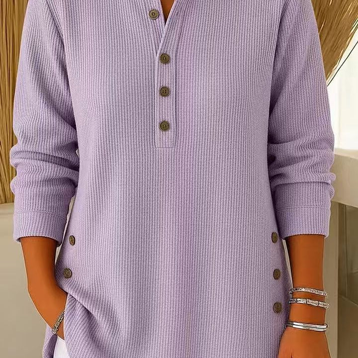 Women's Knit Sweater with Henley Neck Button Front Ribbed Texture and Curved Hem